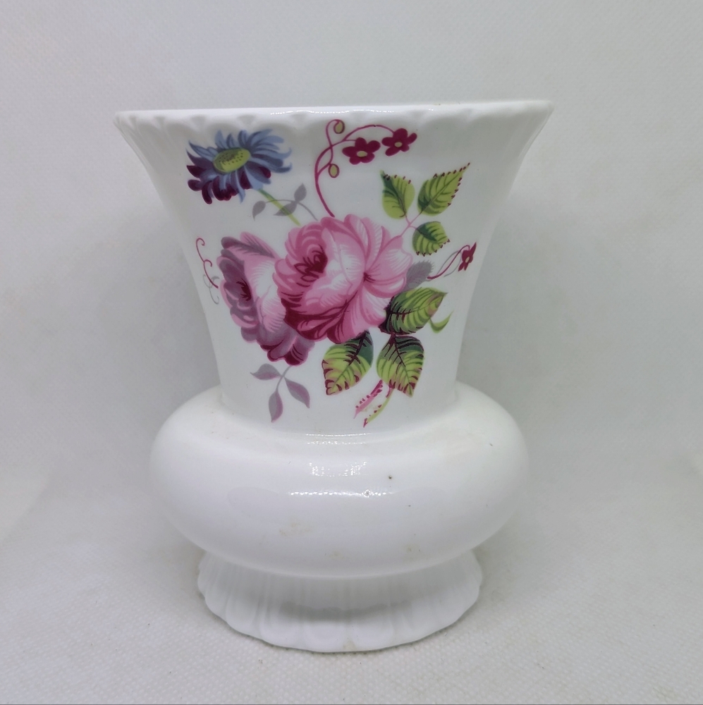 Vintage Coalport Shrewsbury English Bone China Vase White Pink Flowers 4" Tall